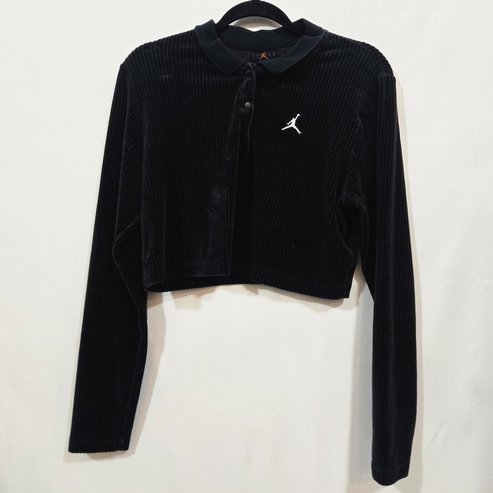 Nike Air Jordan Flight Women's L Black Velour Ribbed Crop Polo Long Sleeve
